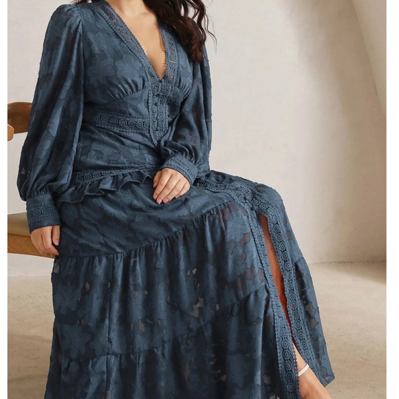 Plus Floral Print Button V neck Ruffle Hem Long Sleeve Maxi Dress - Picture 4 of 9